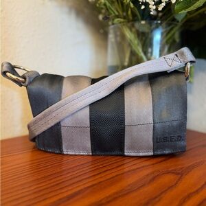 Gray and Black Striped Belt Bag with Adjustable Strap